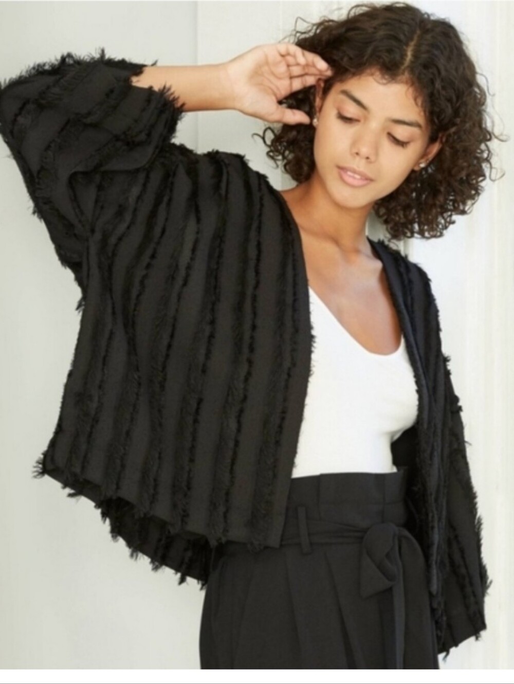 A New Day Black Stripe Fringed Open Front Jacket